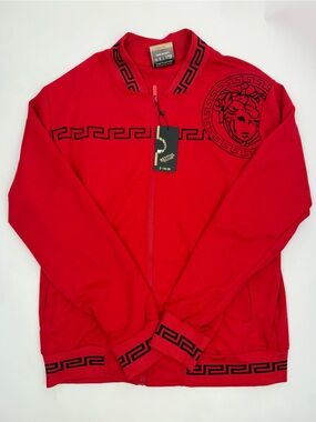 Men's Red Zip-Up Sweater Jacket with Graphic Trim